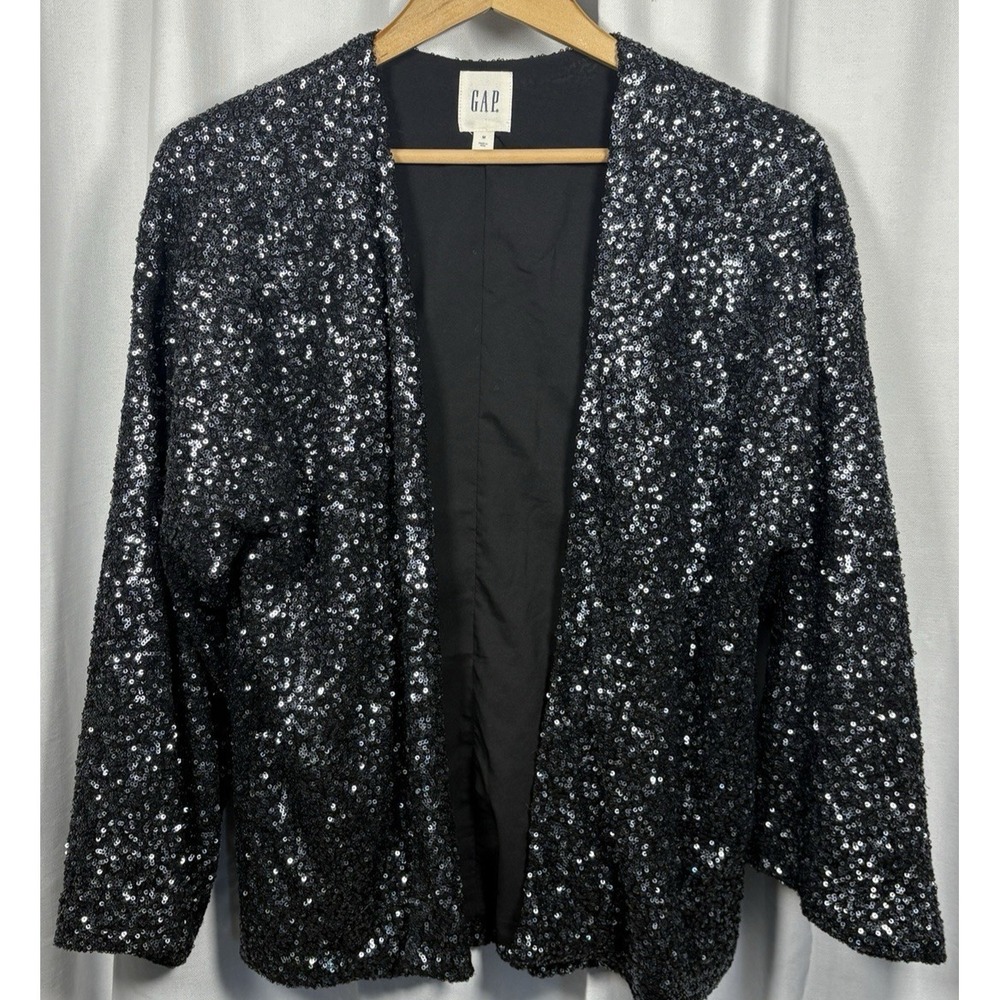Gap Black Sequin Open Front Kimono Jacket Party Disco Glam Layering Top M Y2K 90